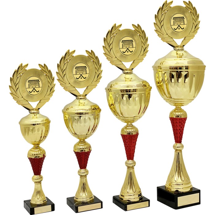 HOCKEY GOLD & RED TROPHY CUP  - AVAILABLE IN 4 SIZES